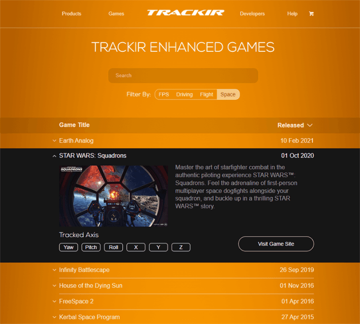 TrackIR games list