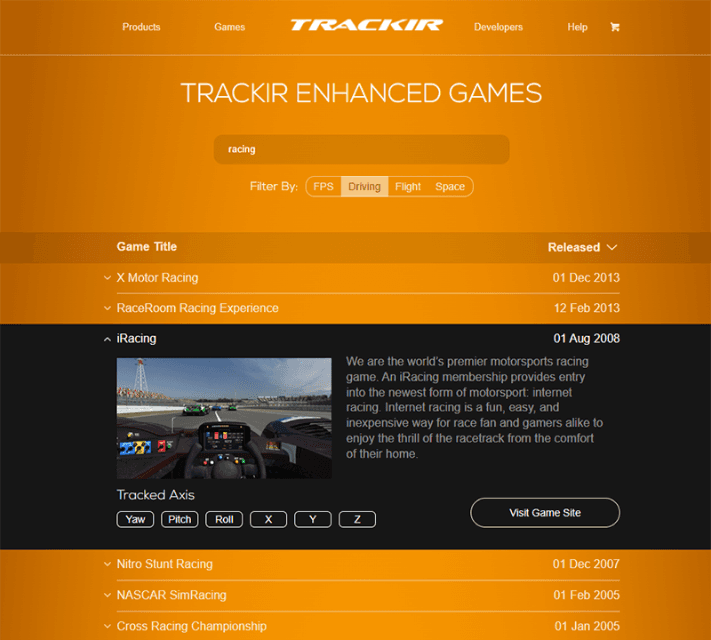 TrackIR games list